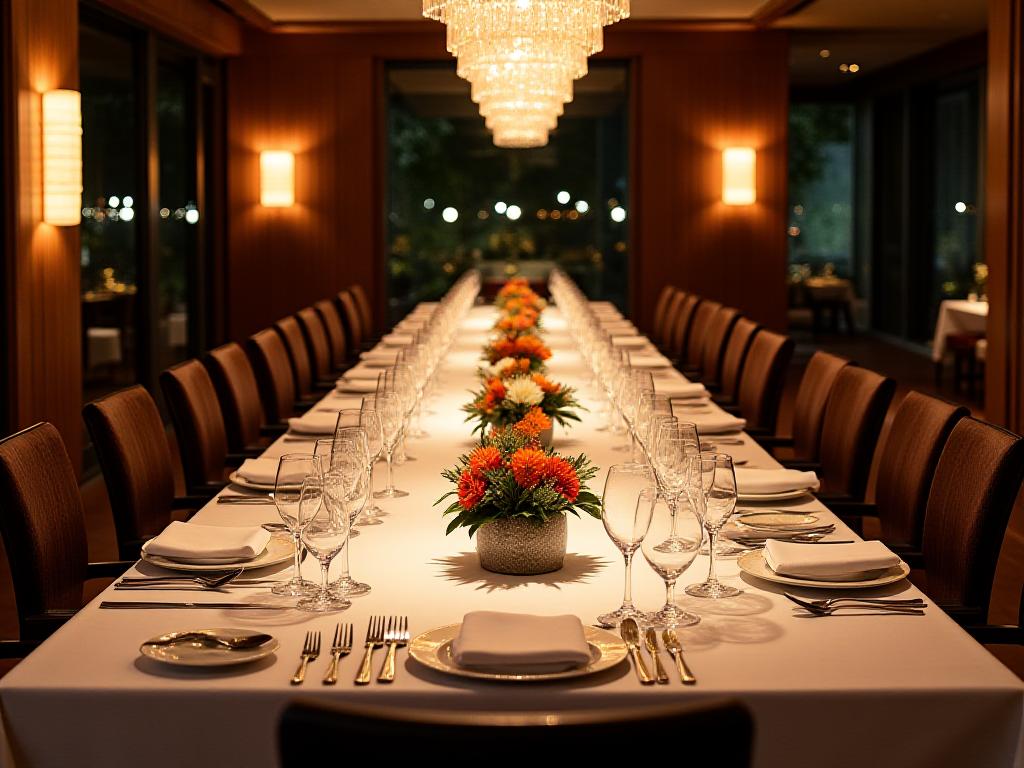 A long, elegantly set dining table in a private room at Canopy Nest, decorated for an event.